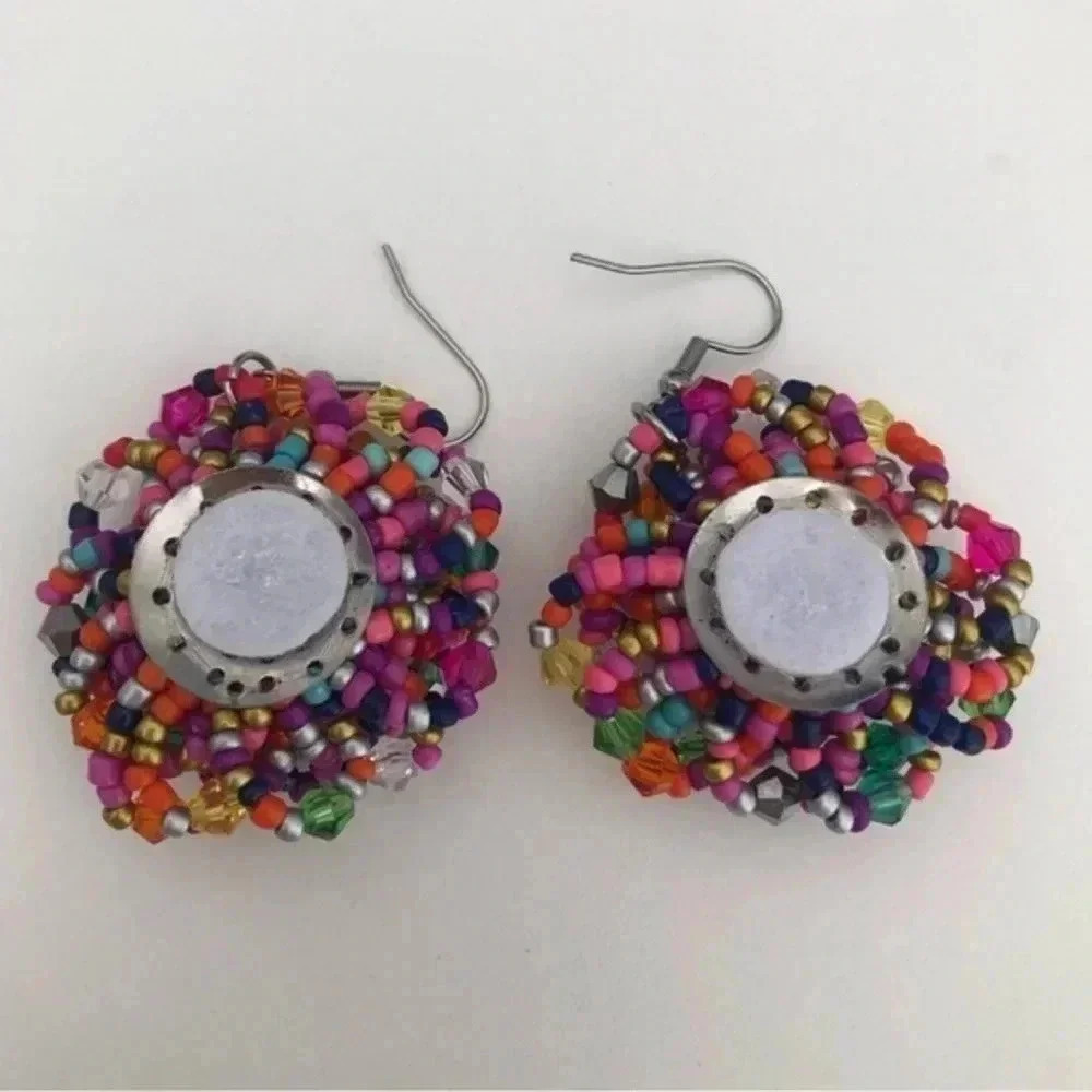 Multicolor Rainbow Flower Seed Bead Handmade Drop Earrings - Picture 3 of 4